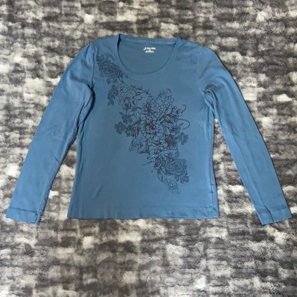 St. John’s Bay Solid Blue Long Sleeve Shirt With Floral Design Size Medium